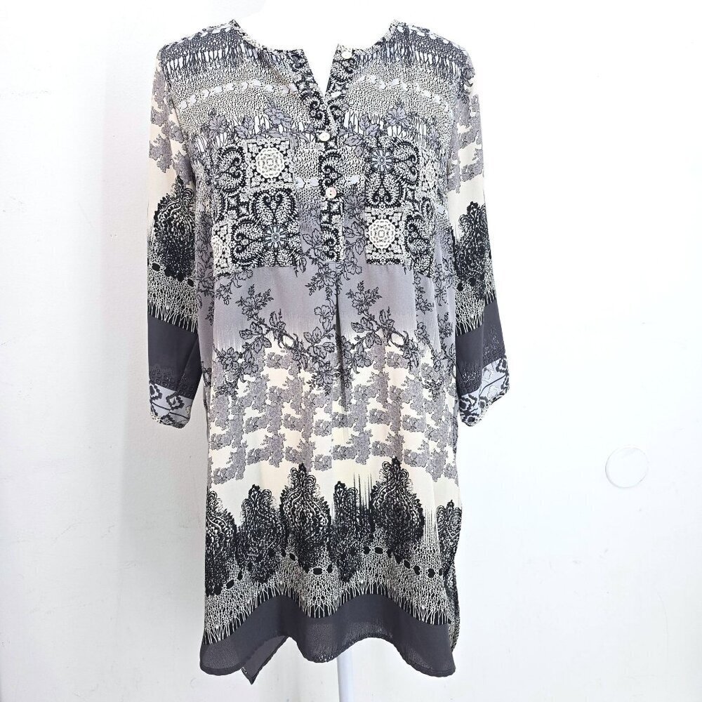 Anthro Fig and Flower Grey White Art Paisley High Low Tunic Dress Women M